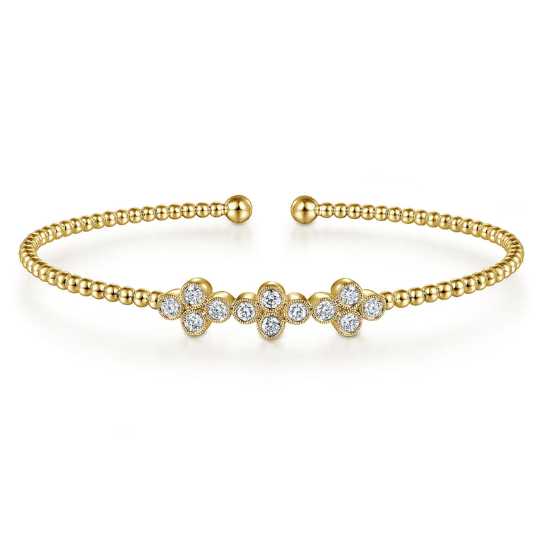 14K Yellow Gold Bujukan Bead Cuff Bracelet with Three Quatrefoil Diamond Stations - 0.6 ct - Shot 1