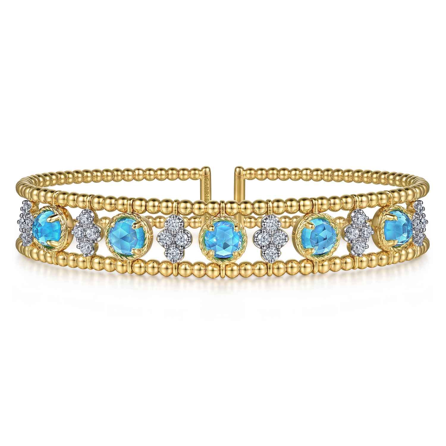 14K Yellow Gold Bujukan Bead Diamond and Blue Topaz Cuff Bracelet - 0.57 ct - Shot 1