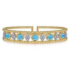 14K Yellow Gold Bujukan Bead Diamond and Blue Topaz Cuff Bracelet