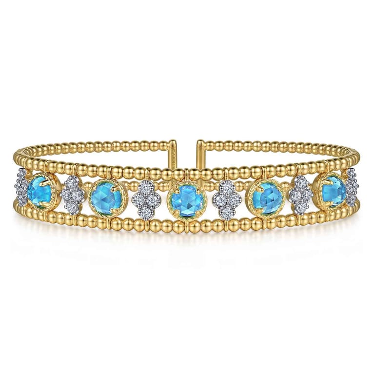 14K Yellow Gold Bujukan Bead Diamond and Blue Topaz Cuff Bracelet - 0.57 ct - Shot 1