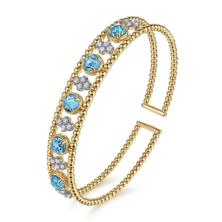 14K Yellow Gold Bujukan Bead Diamond and Blue Topaz Cuff Bracelet - 0.57 ct - Shot 2