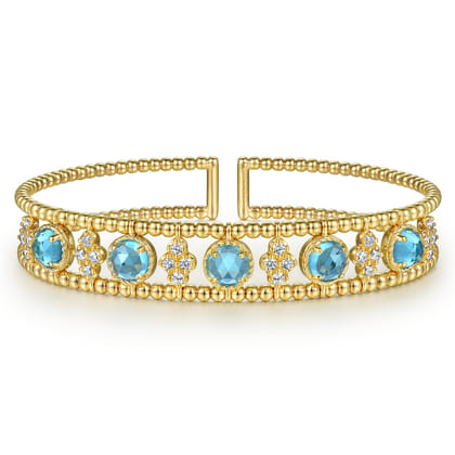 14K Yellow Gold Bujukan Bead Diamond and Blue Topaz Cuff Bracelet