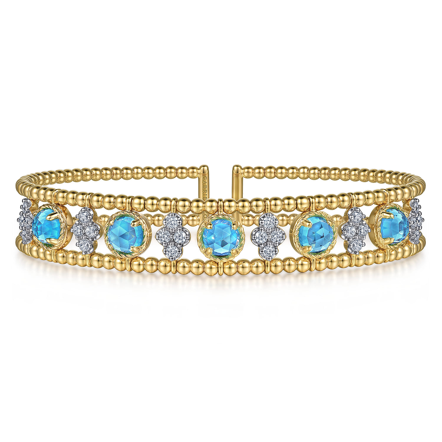 14K Yellow Gold Bujukan Bead Diamond and Blue Topaz Cuff Bracelet - 0.6 ct - Shot 1
