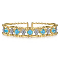 14K Yellow Gold Bujukan Bead Diamond and Blue Topaz Cuff Bracelet