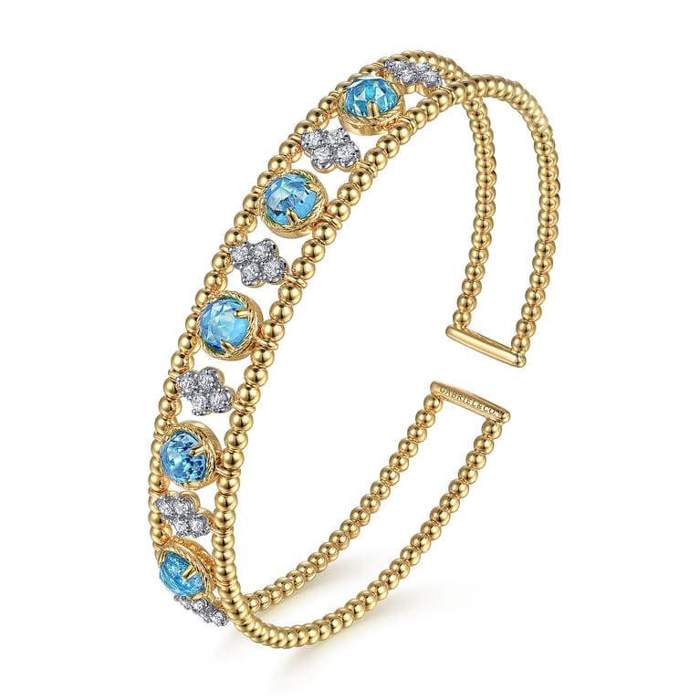 14K Yellow Gold Bujukan Bead Diamond and Blue Topaz Cuff Bracelet - 0.6 ct - Shot 2