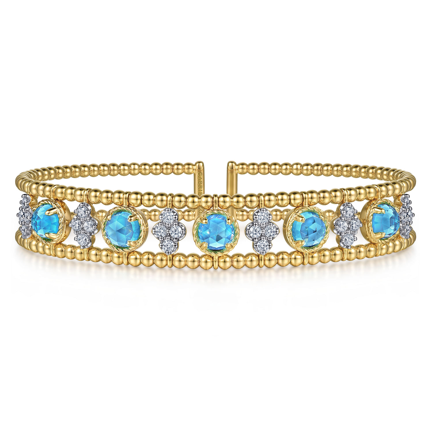 14K Yellow Gold Bujukan Bead Diamond and Blue Topaz Cuff Bracelet