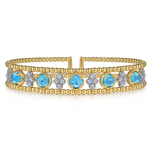 14K Yellow Gold Bujukan Bead Diamond and Blue Topaz Cuff Bracelet