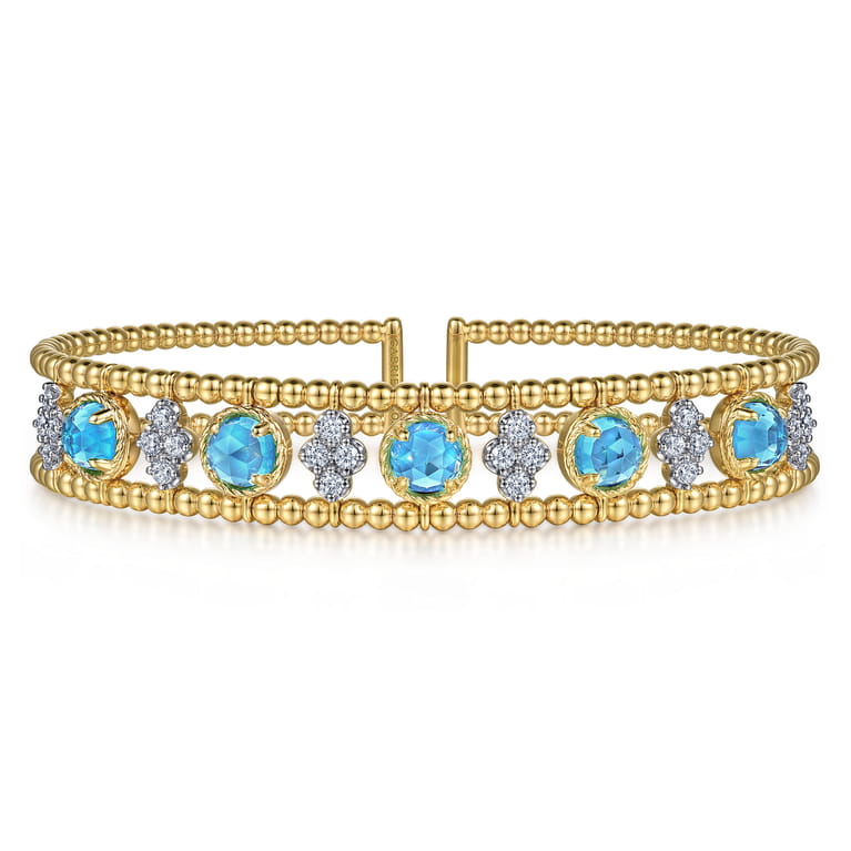 14K Yellow Gold Bujukan Bead Diamond and Blue Topaz Cuff Bracelet - 0.57 ct - Shot 1