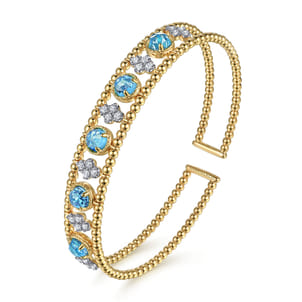 14K Yellow Gold Bujukan Bead Diamond and Blue Topaz Cuff Bracelet