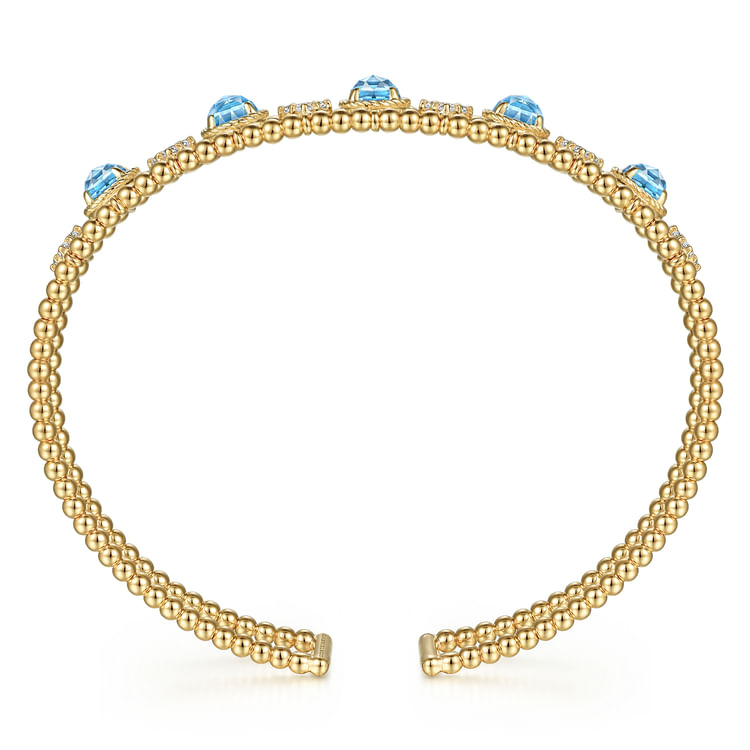 14K Yellow Gold Bujukan Bead Diamond and Blue Topaz Cuff Bracelet