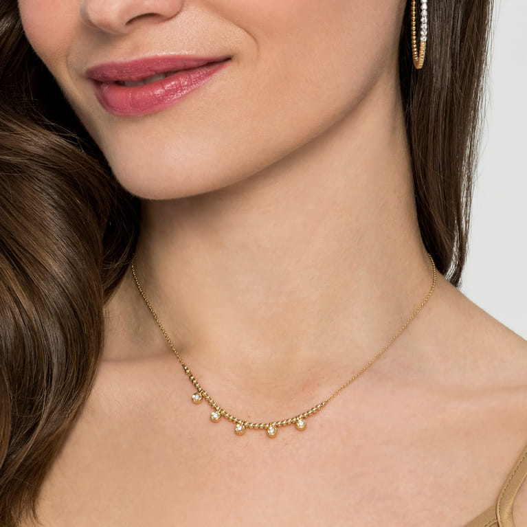 14K Yellow Gold Bujukan Bead Necklace with Diamond Drops - 0.15 ct - Shot 4