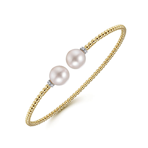 14K Yellow Gold Bujukan Bead Split Bracelet with Pearl and Diamond Caps - 0.05 ct - Shot 2