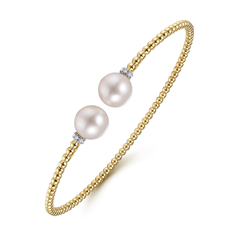 14K Yellow Gold Bujukan Bead Split Bracelet with Pearl and Diamond Caps - 0.05 ct - Shot 2