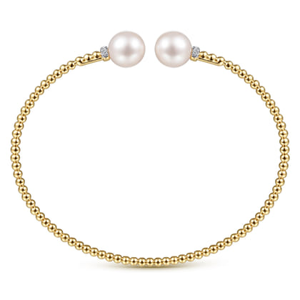 14K Yellow Gold Bujukan Bead Split Bracelet with Pearl and Diamond Caps