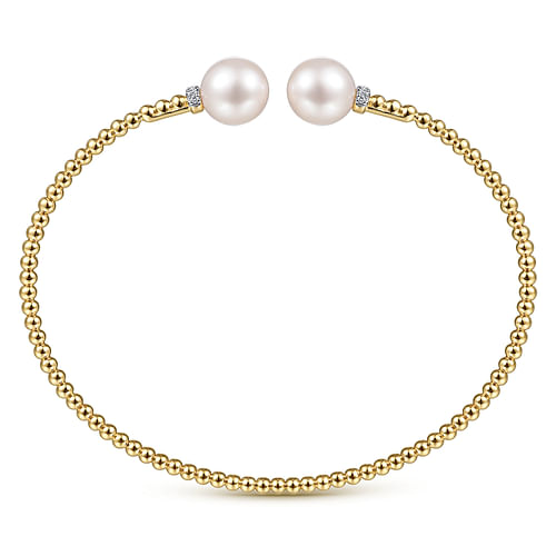 14K Yellow Gold Bujukan Bead Split Bracelet with Pearl and Diamond Caps - 0.05 ct - Shot 3