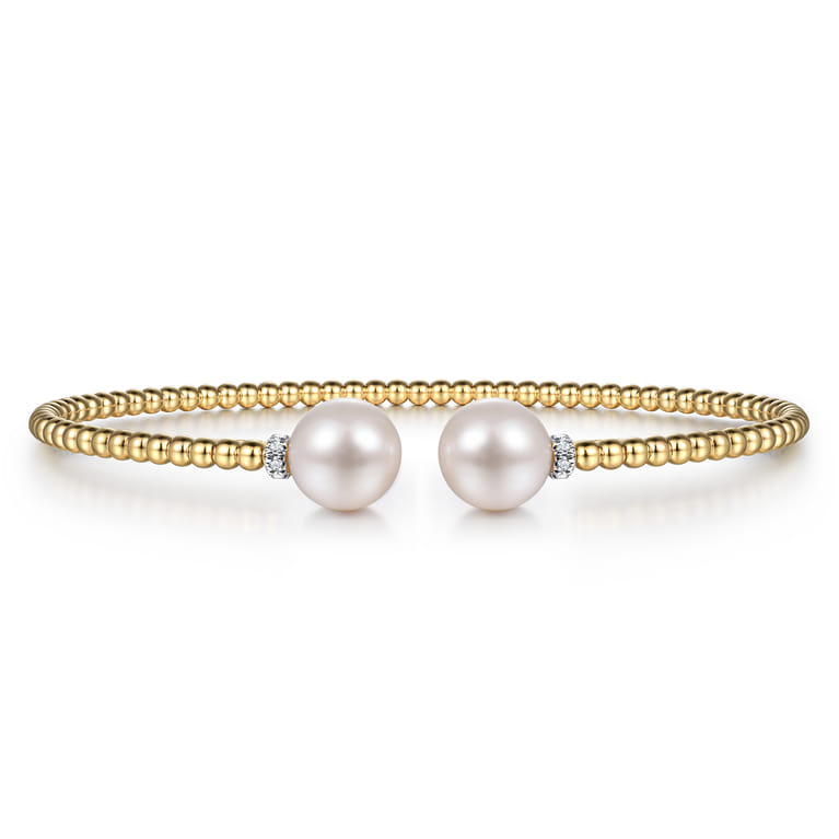 14K Yellow Gold Bujukan Bead Split Bracelet with Pearl and Diamond Caps - 0.05 ct - Shot 1