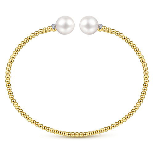 14K Yellow Gold Bujukan Bead Split Bracelet with Pearl and Diamond Caps - 0.05 ct - Shot 3