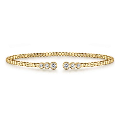 14K Yellow Gold Bujukan Bead Split Cuff Bracelet with Bezel Set Diamonds
