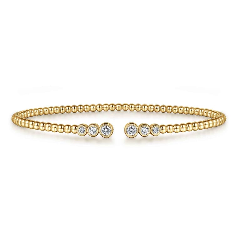 14K Yellow Gold Bujukan Bead Split Cuff Bracelet with Bezel Set Diamonds - 0.22 ct - Shot 1