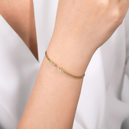 14K Yellow Gold Bujukan Bead Split Cuff Bracelet with Bezel Set Diamonds