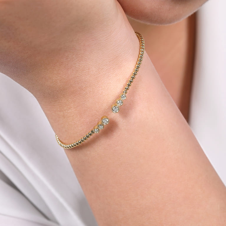 14K Yellow Gold Bujukan Bead Split Cuff Bracelet with Bezel Set Diamonds - 0.24 ct - Shot 4