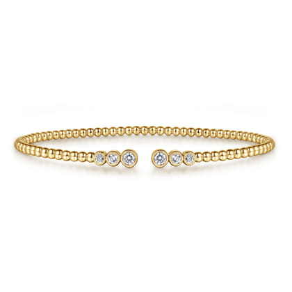 14K Yellow Gold Bujukan Bead Split Cuff Bracelet with Bezel Set Diamonds