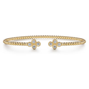 14K Yellow Gold Bujukan Bead Split Cuff Bracelet with Clover Diamond Endcaps