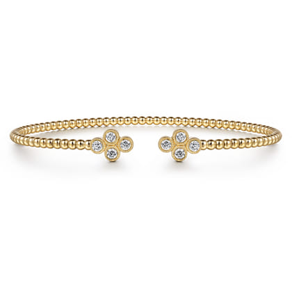 14K Yellow Gold Bujukan Bead Split Cuff Bracelet with Clover Diamond Endcaps