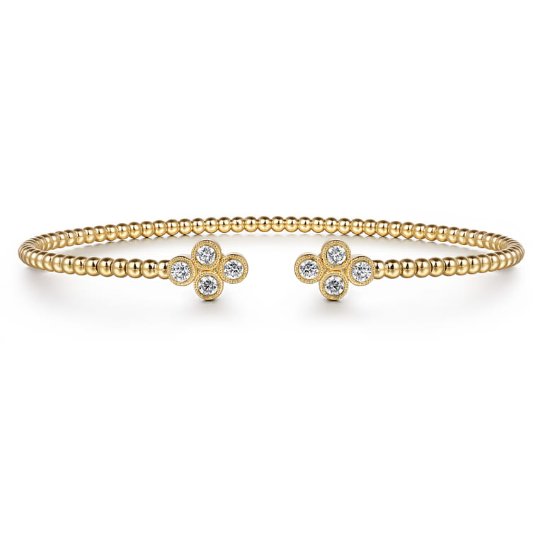 14K Yellow Gold Bujukan Bead Split Cuff Bracelet with Clover Diamond Endcaps - 0.38 ct - Shot 1