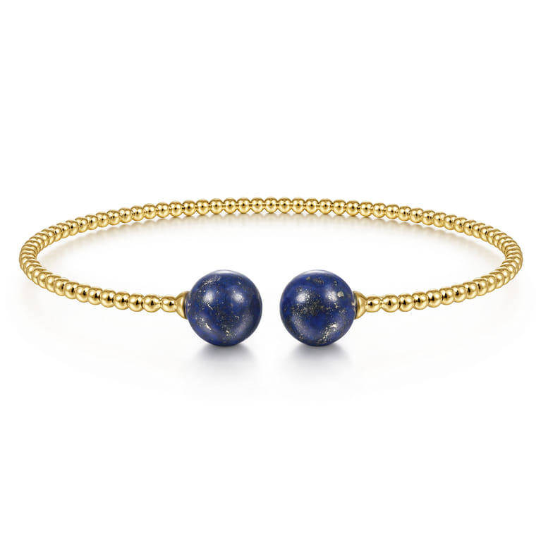 14K Yellow Gold Bujukan Bead Split Cuff Bracelet with Lapis Beads - Shot 1