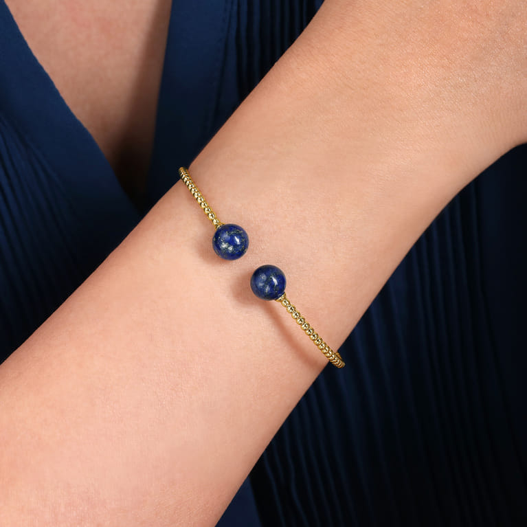 14K Yellow Gold Bujukan Bead Split Cuff Bracelet with Lapis Beads - Shot 4