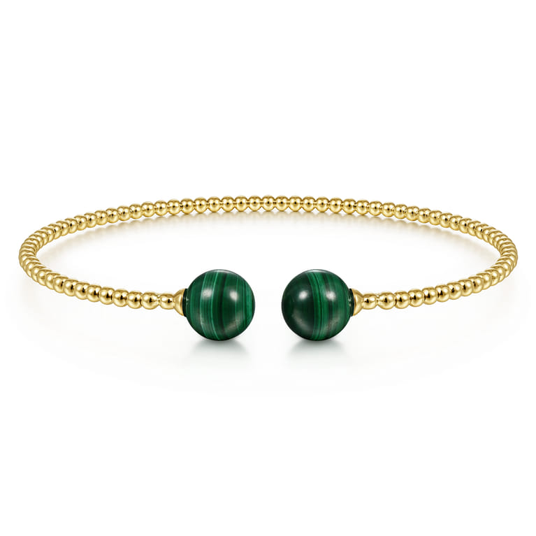 14K Yellow Gold Bujukan Bead Split Cuff Bracelet with Malachite Beads - Shot 1