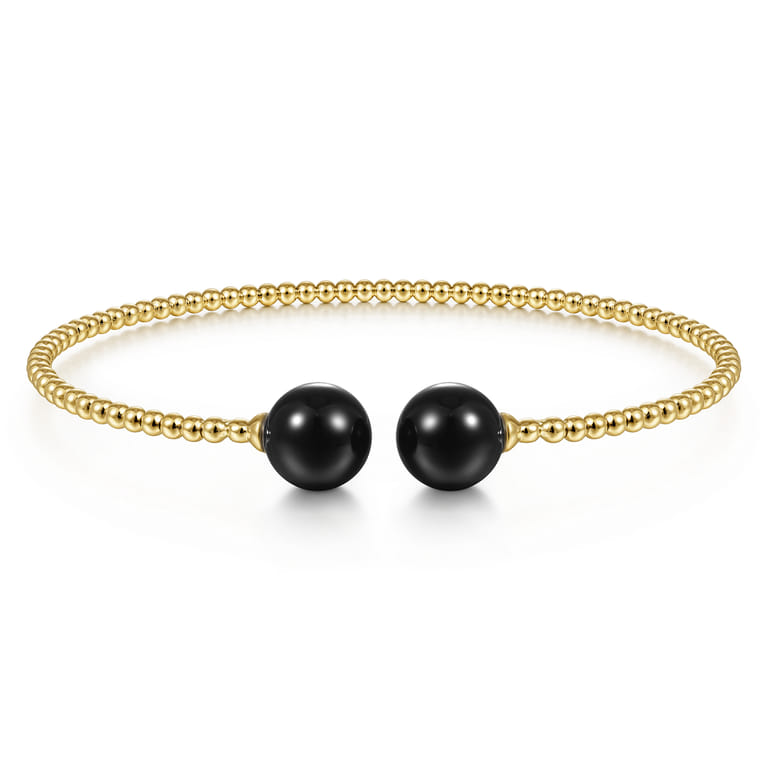 14K Yellow Gold Bujukan Bead Split Cuff Bracelet with Onyx Beads - Shot 1