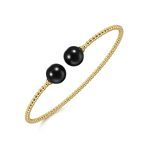 14K Yellow Gold Bujukan Bead Split Cuff Bracelet with Onyx Beads - Shot 2
