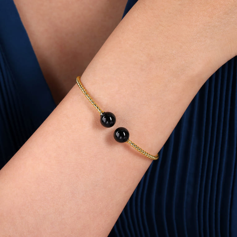 14K Yellow Gold Bujukan Bead Split Cuff Bracelet with Onyx Beads - Shot 4