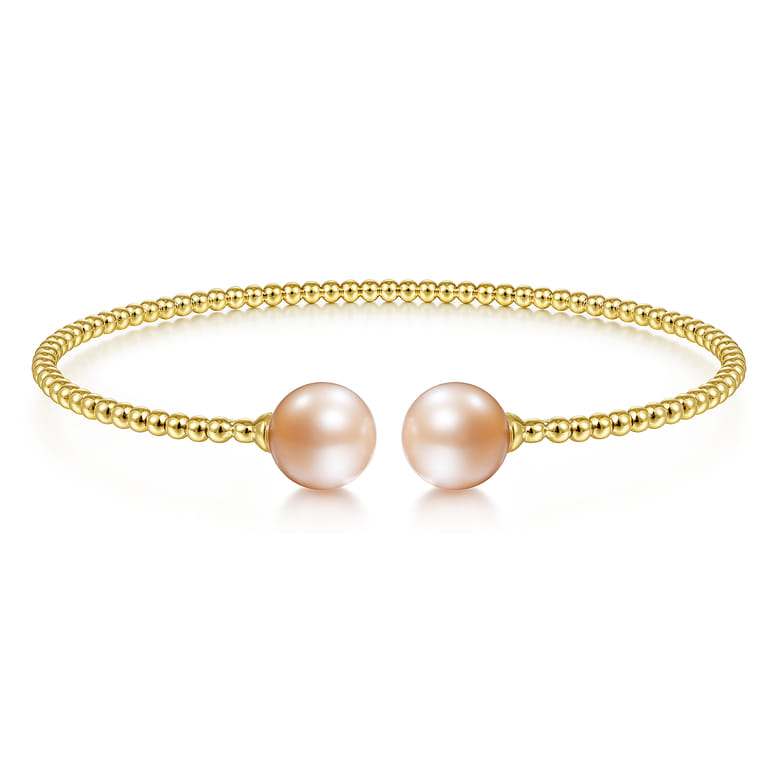 14K Yellow Gold Bujukan Bead Split Cuff Bracelet with Pink Pearls - Shot 1