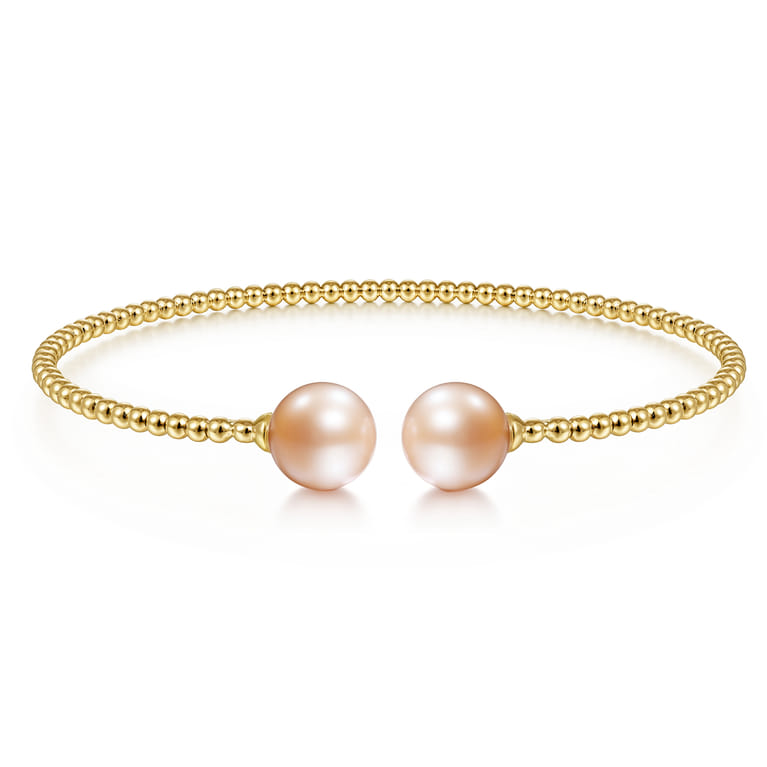 14K Yellow Gold Bujukan Bead Split Cuff Bracelet with Pink Pearls - Shot 1