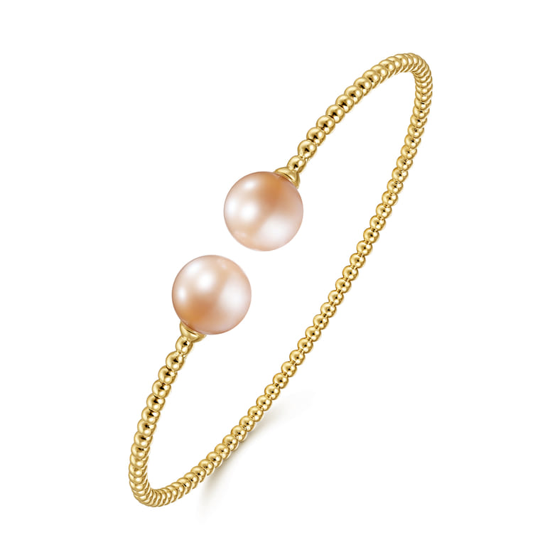 14K Yellow Gold Bujukan Bead Split Cuff Bracelet with Pink Pearls - Shot 2