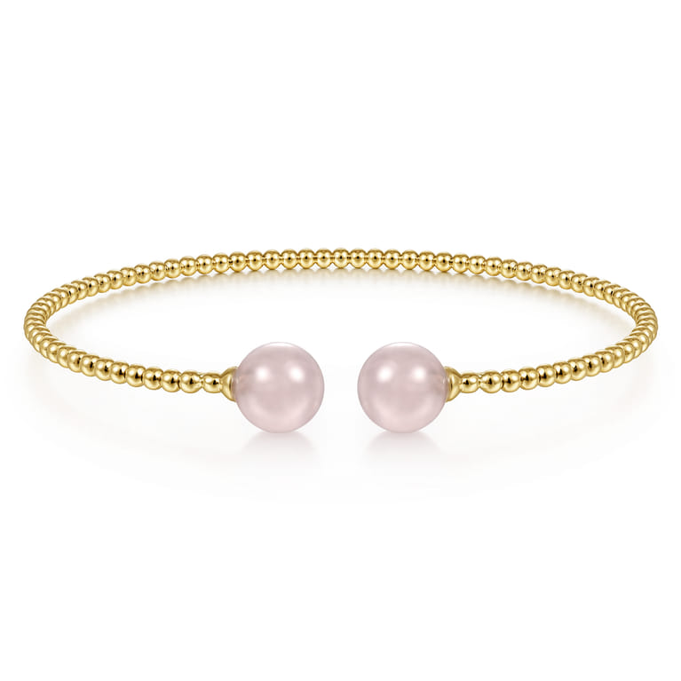 14K Yellow Gold Bujukan Bead Split Cuff Bracelet with Pink Quartz Beads - Shot 1