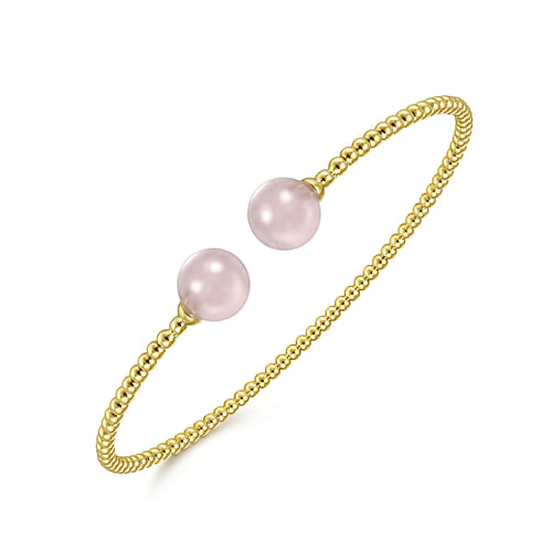 14K Yellow Gold Bujukan Bead Split Cuff Bracelet with Pink Quartz Beads - Shot 2