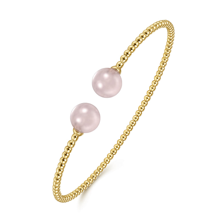 14K Yellow Gold Bujukan Bead Split Cuff Bracelet with Pink Quartz Beads - Shot 2