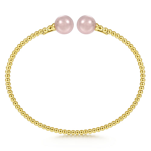 14K Yellow Gold Bujukan Bead Split Cuff Bracelet with Pink Quartz Beads - Shot 3