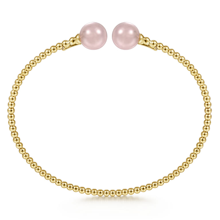 14K Yellow Gold Bujukan Bead Split Cuff Bracelet with Pink Quartz Beads - Shot 3