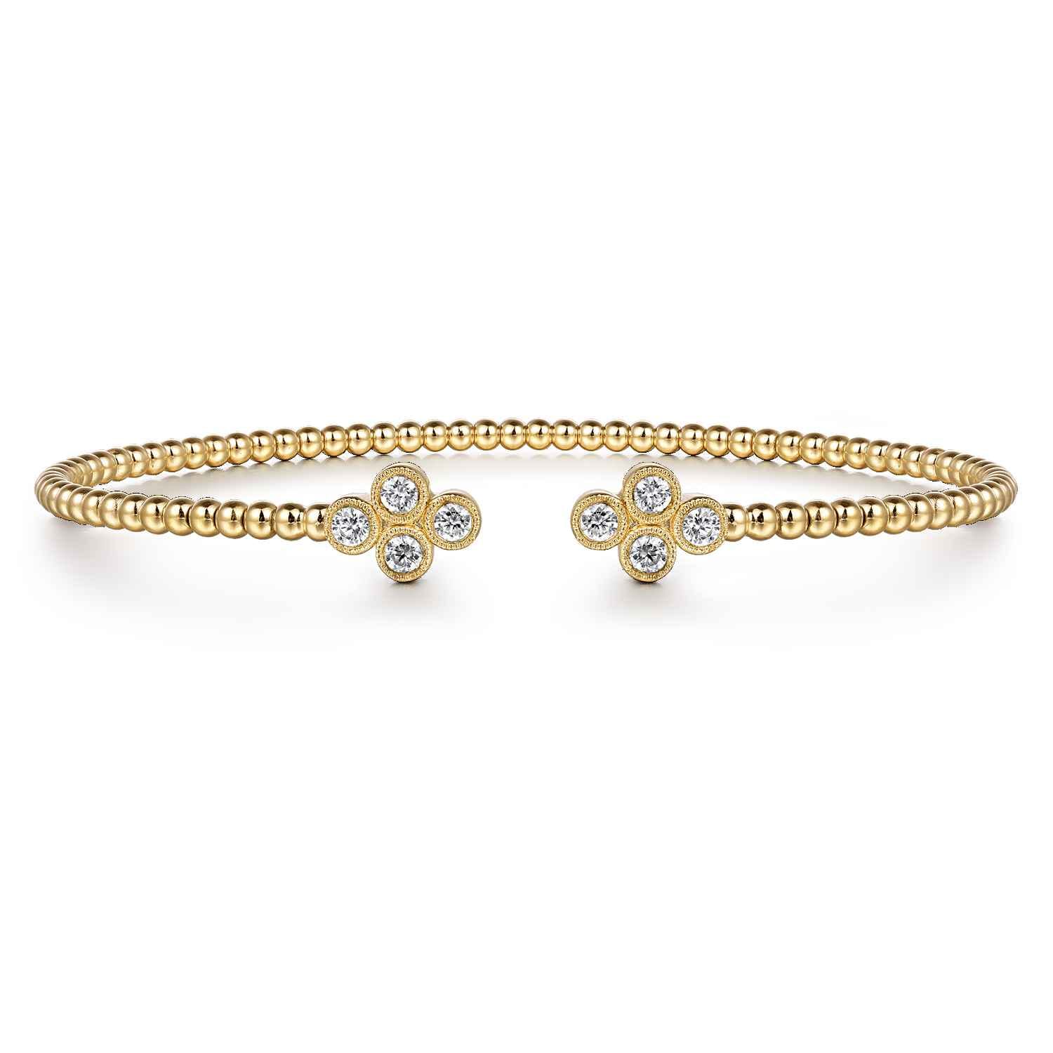 14K Yellow Gold Bujukan Bead Split Cuff Bracelet with Quatrefoil Diamond Endcaps - 0.38 ct - Shot 1