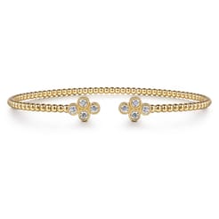 14K Yellow Gold Bujukan Bead Split Cuff Bracelet with Quatrefoil Diamond Endcaps