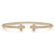14K Yellow Gold Bujukan Bead Split Cuff Bracelet with Quatrefoil Diamond Endcaps