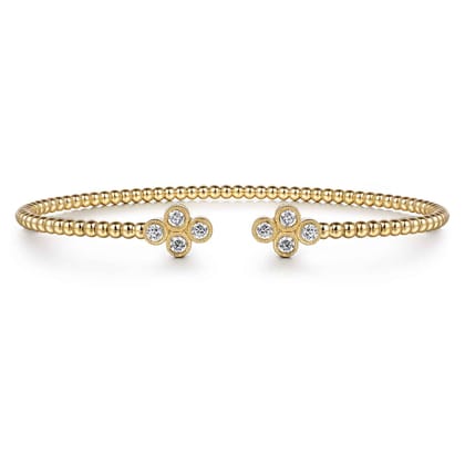 14K Yellow Gold Bujukan Bead Split Cuff Bracelet with Quatrefoil Diamond Endcaps