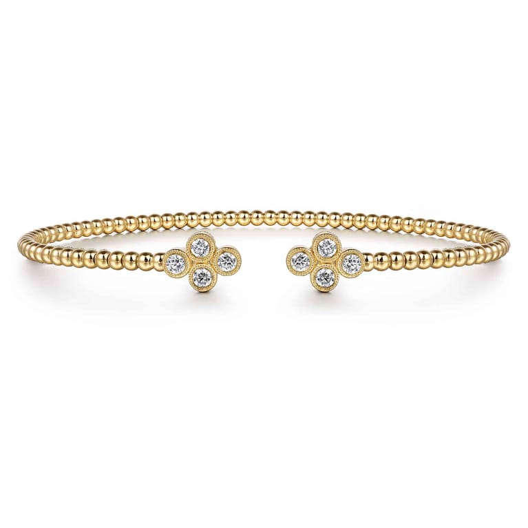 14K Yellow Gold Bujukan Bead Split Cuff Bracelet with Quatrefoil Diamond Endcaps - 0.38 ct - Shot 1