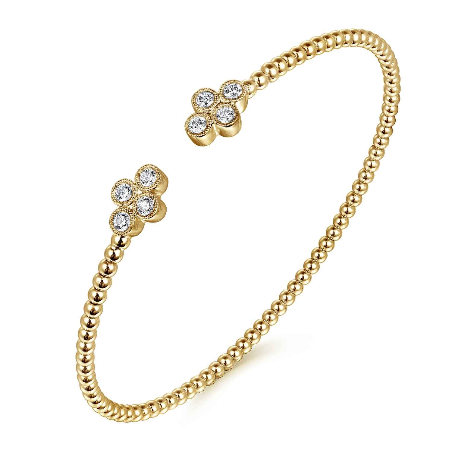 14K Yellow Gold Bujukan Bead Split Cuff Bracelet with Quatrefoil Diamond Endcaps - 0.38 ct - Shot 2