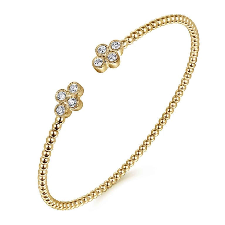 14K Yellow Gold Bujukan Bead Split Cuff Bracelet with Quatrefoil Diamond Endcaps - 0.38 ct - Shot 2